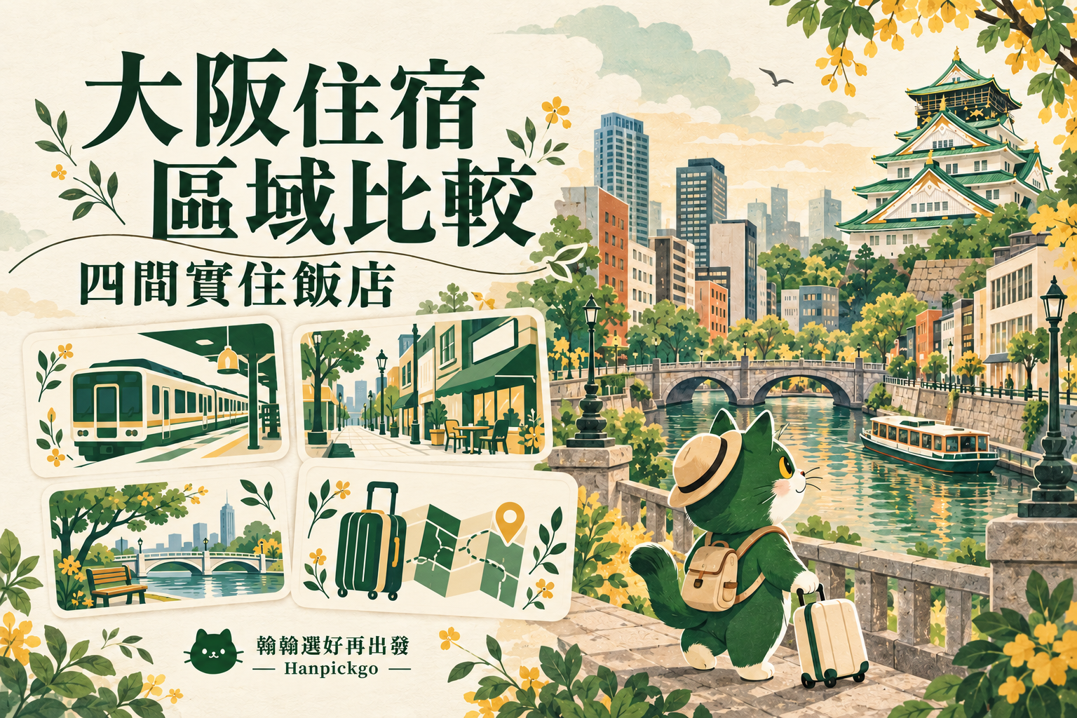 大阪住宿區域比較：四間實住飯店的旅遊插畫