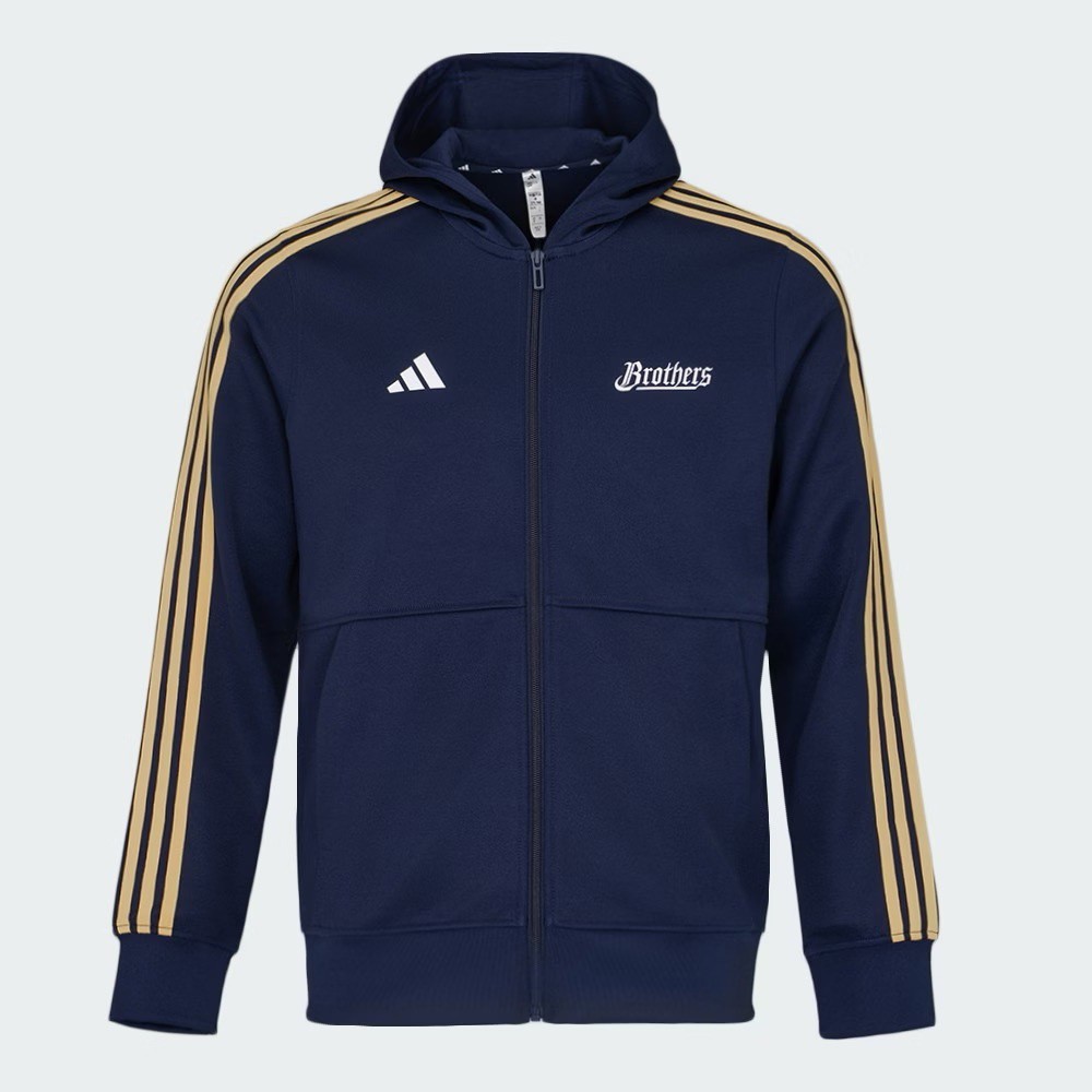 adidas 中信兄弟聯名 LI9931 深藍連帽外套,金色三線與 Brothers 字樣