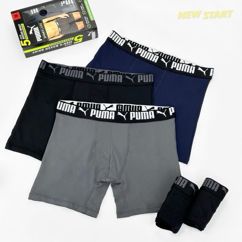 使用者提供的 PUMA 經典 Logo 內褲五件組照片,素色與品牌腰帶